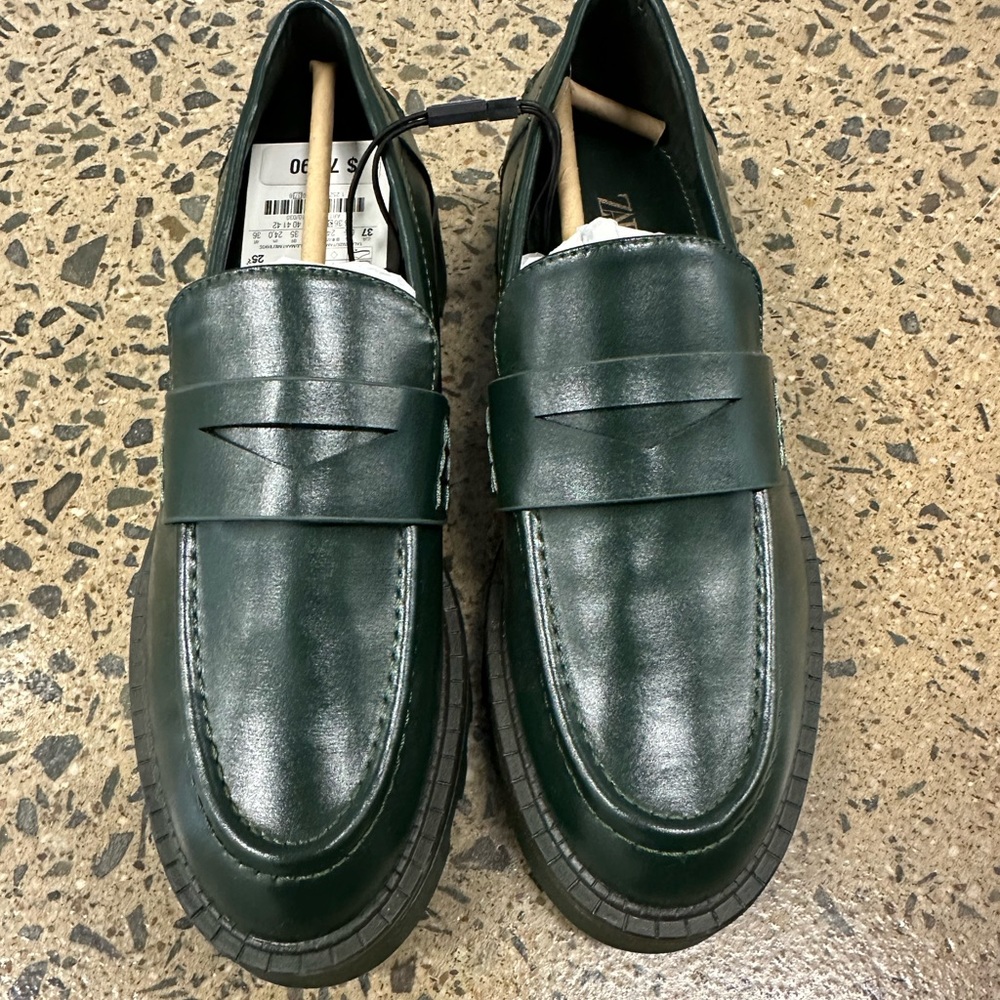 Zara green platform loafers